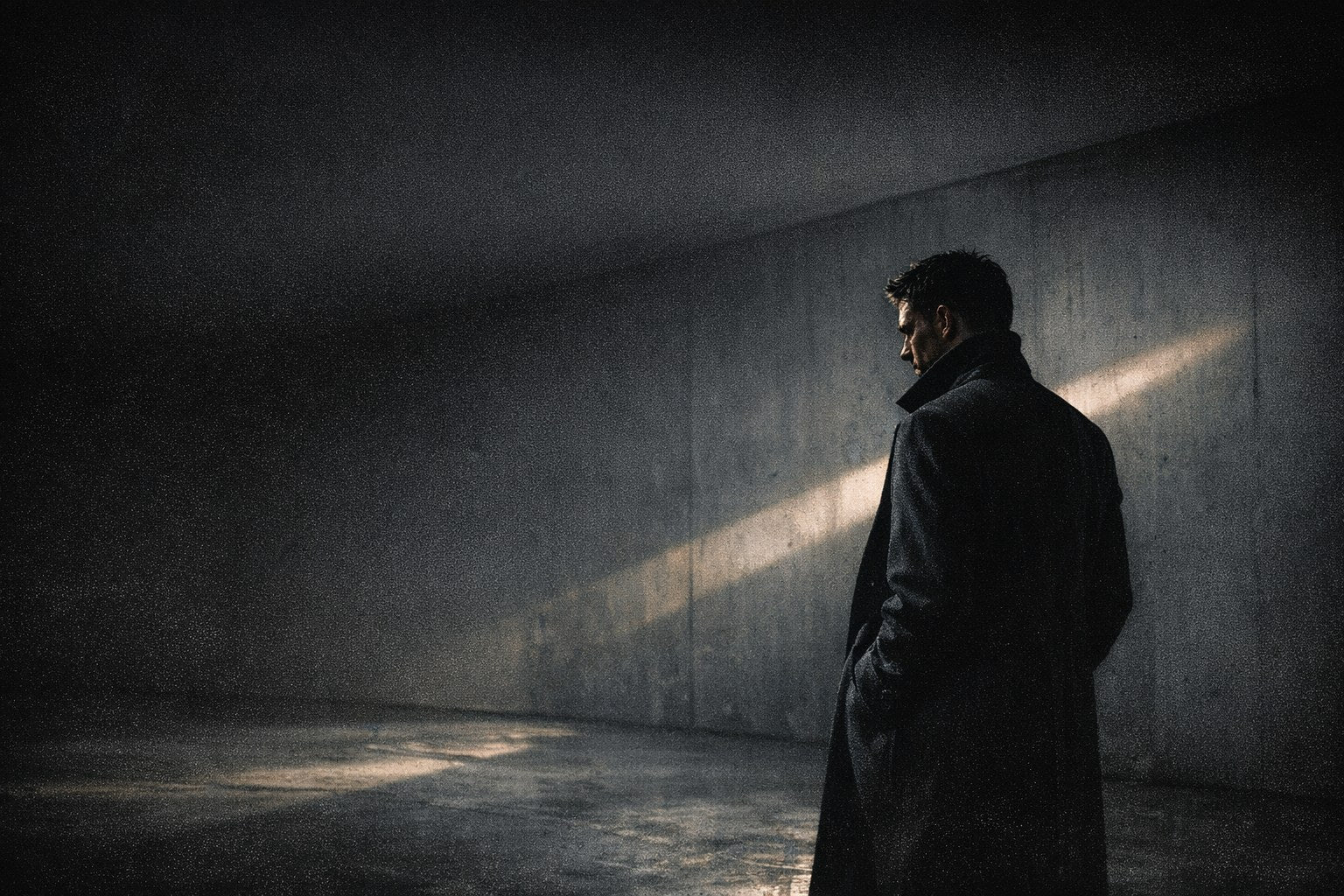 A man in shadow, training his attention.